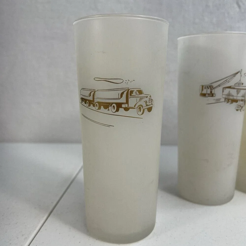 Vintage Rare Lot 6 Glass Frosted White Gold Etching Semi Trailer Crane Big Rig‎